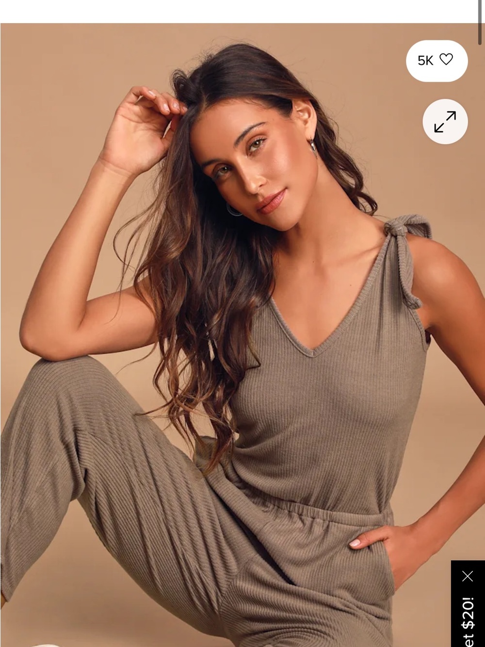 Lulu's Ribbed V-Neck Tie-Shoulder Jumpsuit in Taupe
